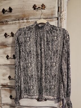 Banana Republic Black and White Chevron Smocked-Neck Blouse